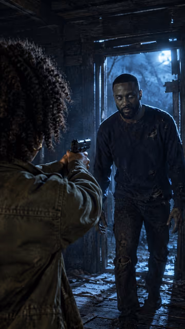AI example: the standoff — a woman with curly hair and a man with a beard, one of them turned, in a dark cabin