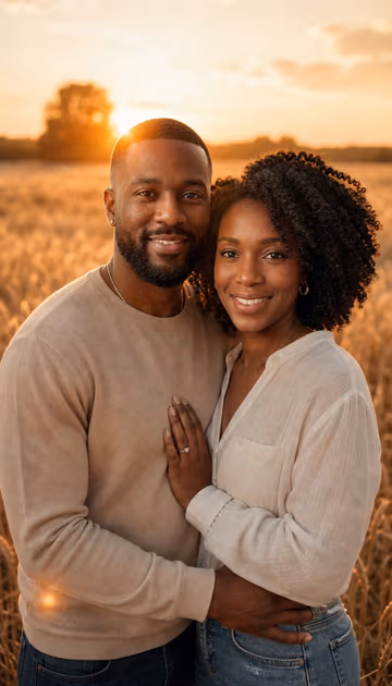AI example: the memory — a woman with curly hair and a man with a beard hugging in a golden wheat field
