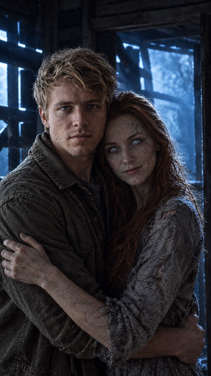 AI example: the embrace in the cabin — a young man with blond hair and a woman with long red hair