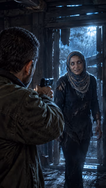 AI example: the standoff — a bearded man and a woman in a headscarf, one of them turned, in a dark cabin