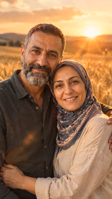 AI example: the memory — a bearded man and a woman in a headscarf hugging in a golden wheat field