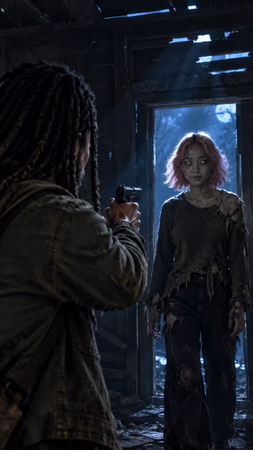 AI example: the standoff — a man with long locs and a woman with a pink bob, one of them turned, in a dark cabin