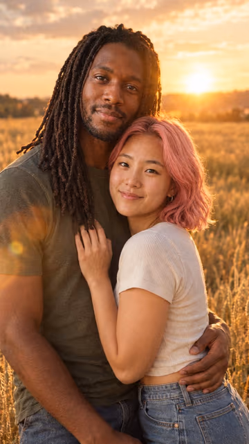 AI example: the memory — a man with long locs and a woman with a pink bob hugging in a golden wheat field