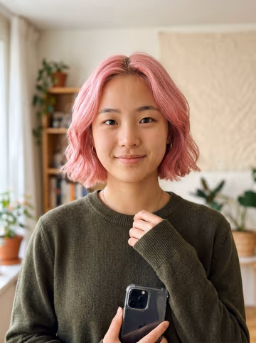 AI example photo: the one who turns, a woman with a pink bob