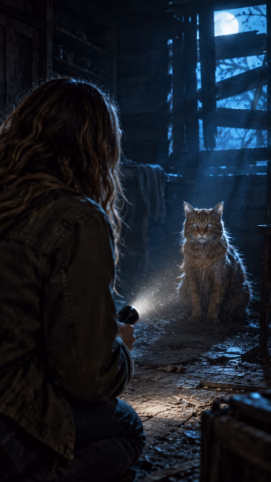 AI example: the standoff — a woman with long brown hair and her orange tabby cat, one of them turned, in a dark cabin