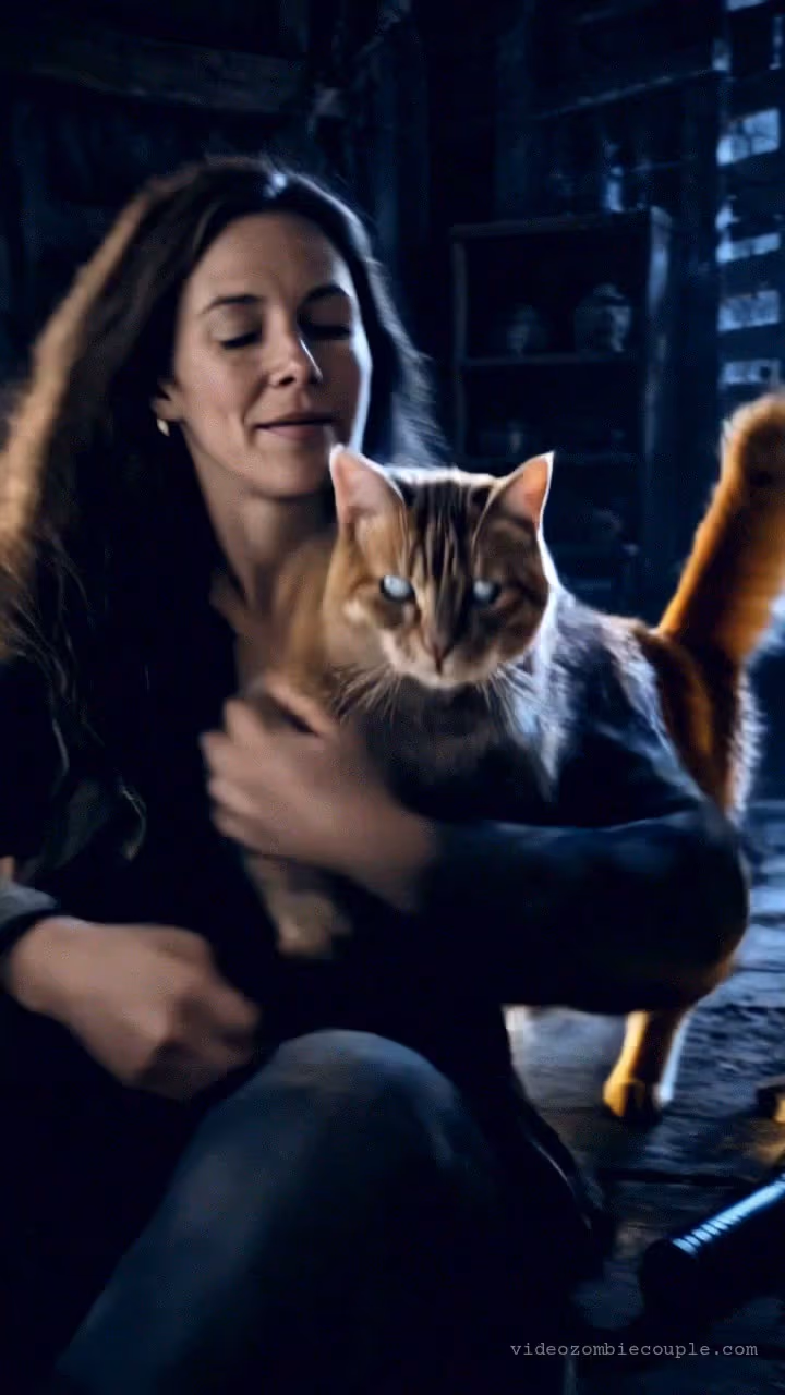 AI example: the embrace in the cabin — a woman with long brown hair and her orange tabby cat