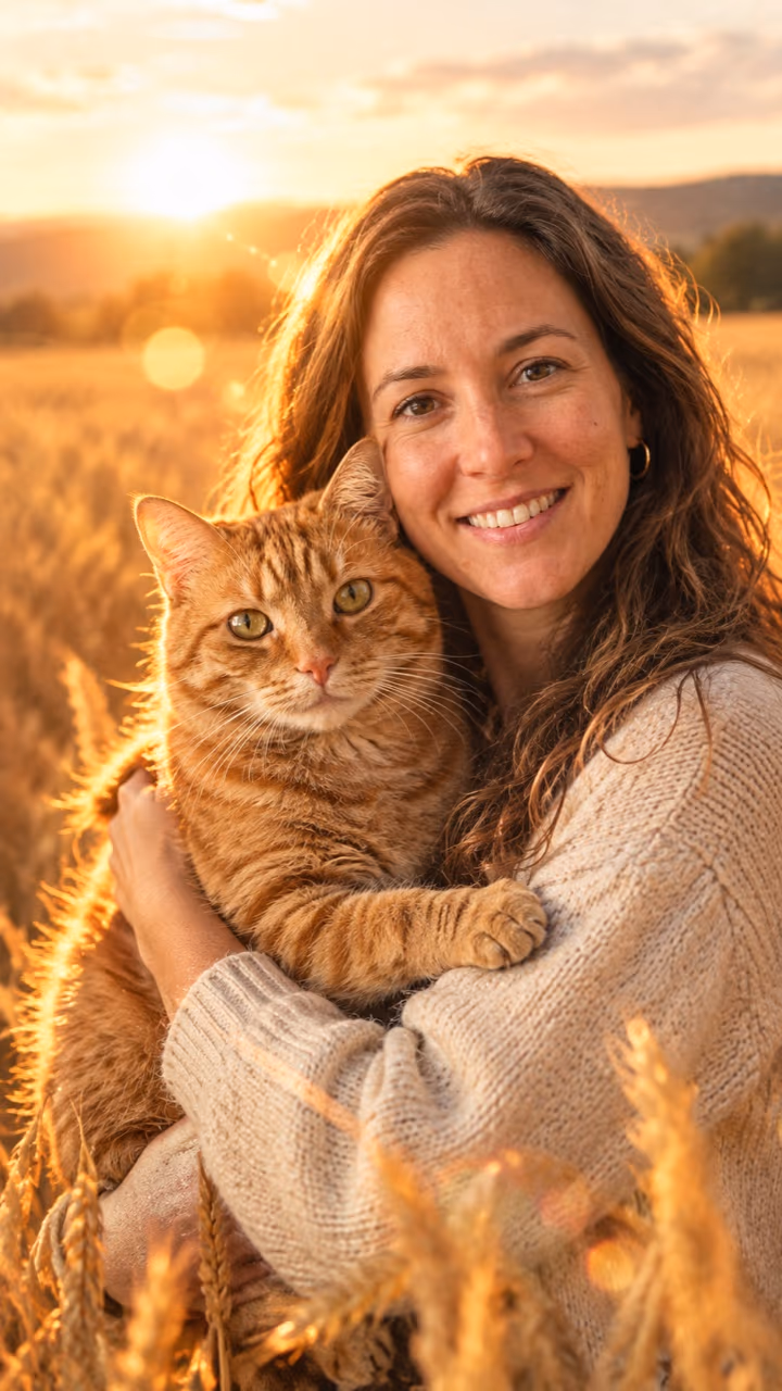 AI example: the memory — a woman with long brown hair and her orange tabby cat hugging in a golden wheat field